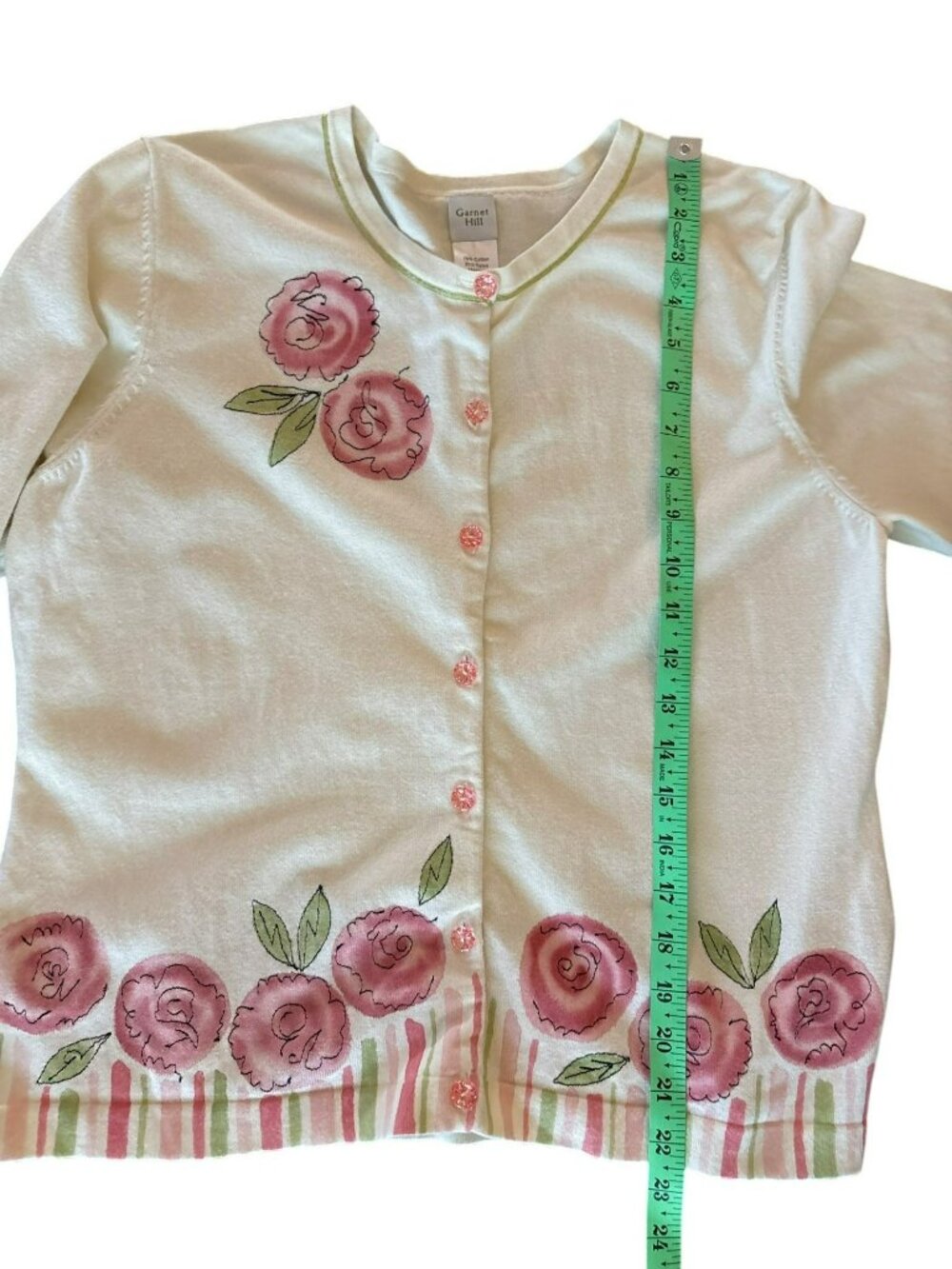 Garnet Hill Floral Embroidered Button-Down 3/4 Sleeve Cardigan Sweater Size M - Picture 5 of 6